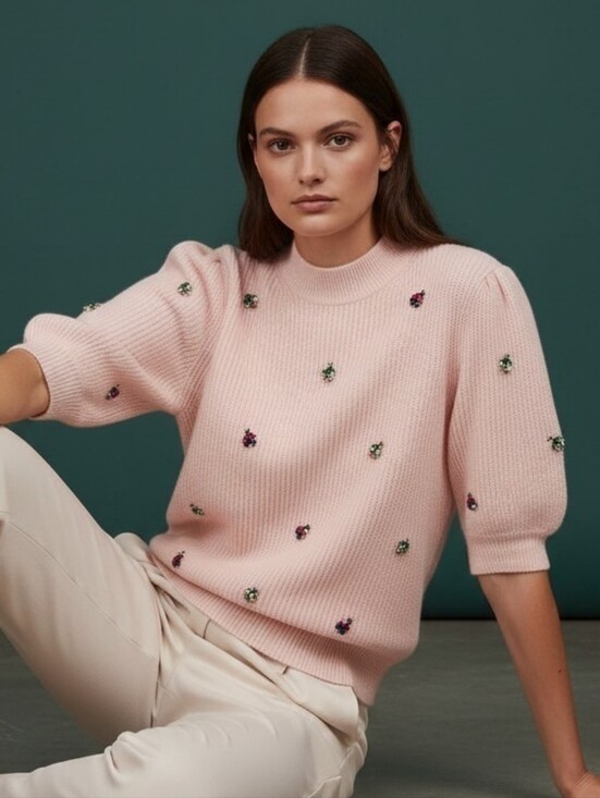Boden Sweaters - BODEN Insect Jeweled Embellished Pale Pink Short Puff Sleeve Sweater Small